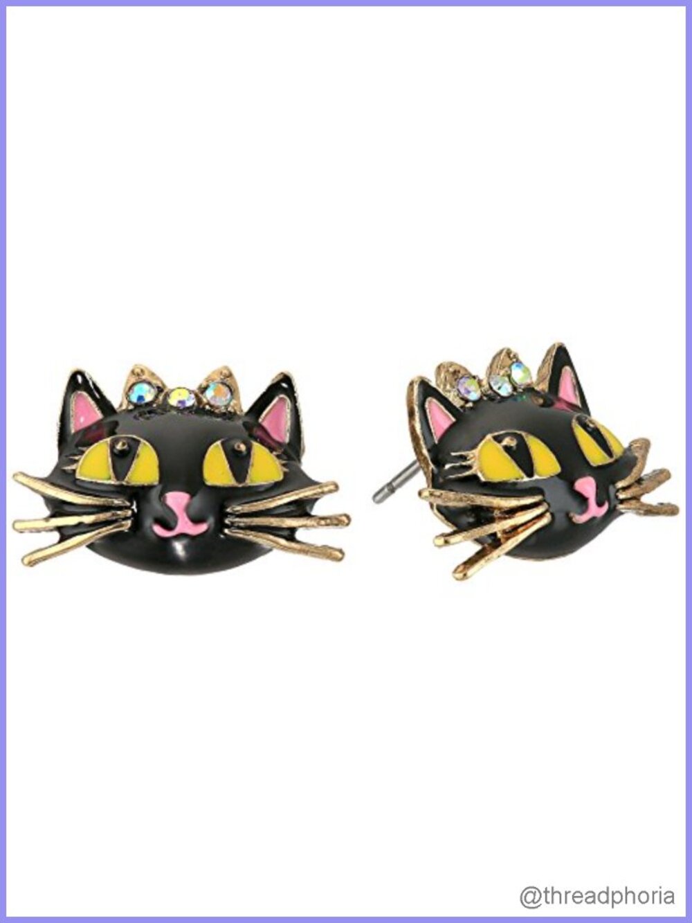 Cat Stud Earrings Gold Tone Metal Glass Post Back Closure